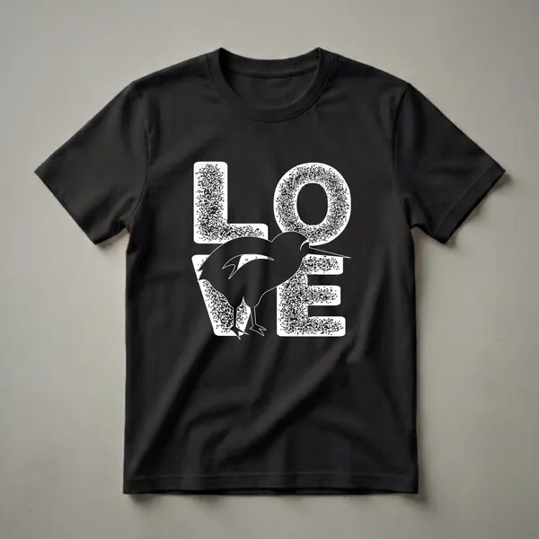 Black t-shirt with a white distressed graphic design spelling 'LOVE' with a kiwi bird silhouette in place of the letter 'O'.