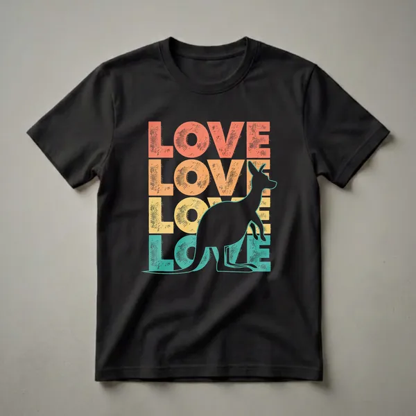 Black t-shirt with LOVE stacked four times in distressed coral, orange, yellow, and teal block letters, overlaid with a large black kangaroo silhouette with a teal outline in an upright resting pose.
