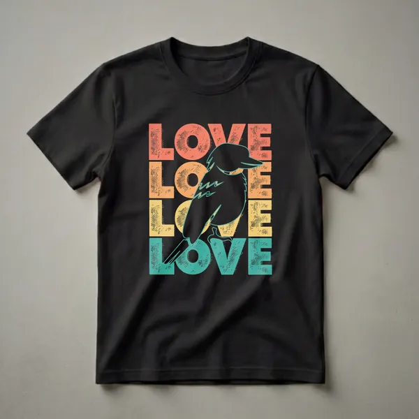 Black silhouette of a kookaburra bird perched on a branch, with distressed 'LOVE' text in coral, orange, yellow, and teal on a black background.
