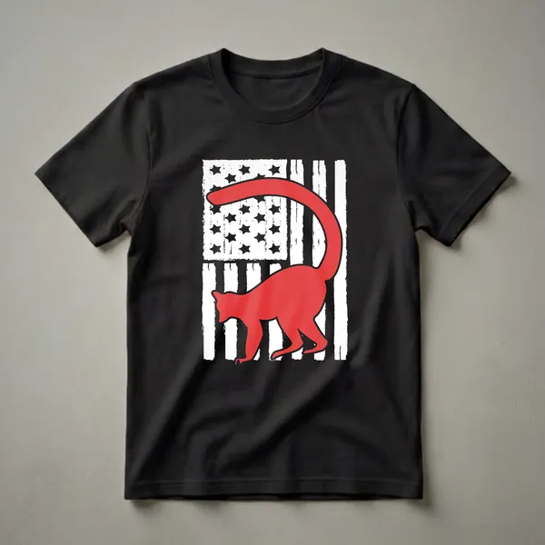 A red lemur silhouette is placed over a distressed American flag graphic, featuring black stars and white stripes.