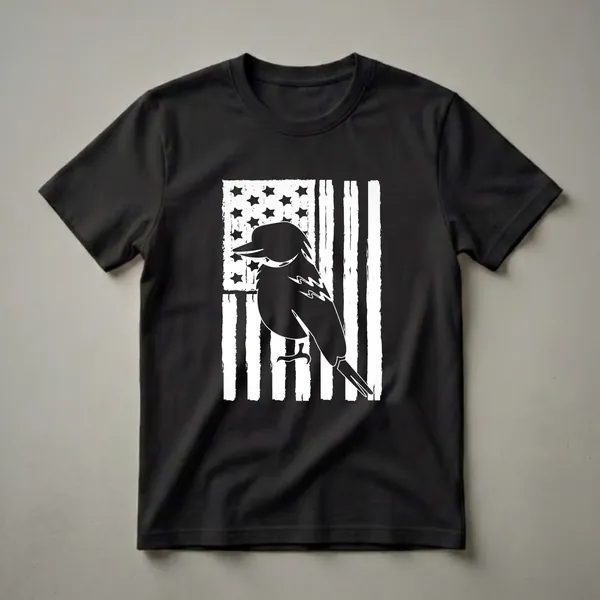 Black silhouette of a kookaburra bird perched in front of a distressed white and black American flag graphic on a black t-shirt.