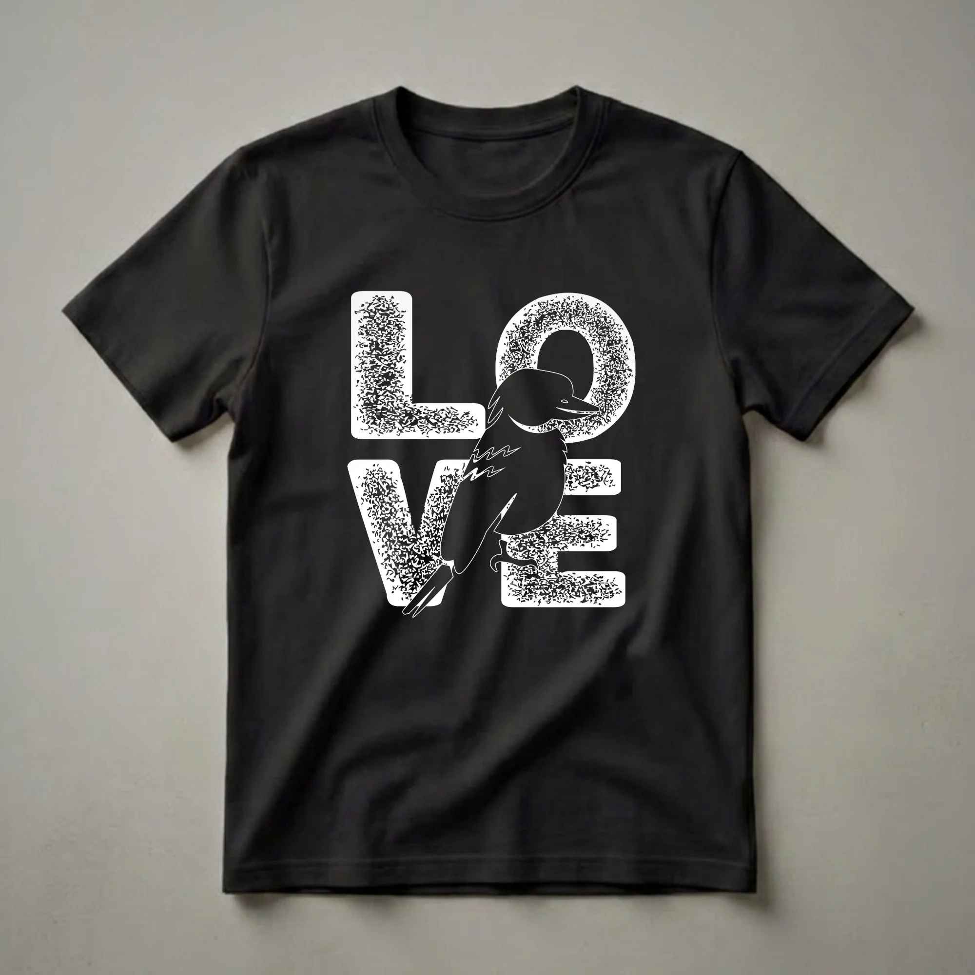 Black graphic t-shirt featuring the word 'LOVE' in distressed white font with a kookaburra perched on the letter 'V'.