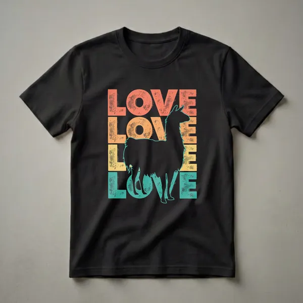 Black graphic t-shirt featuring a retro "LOVE" design with a llama silhouette in coral, orange, yellow, and teal.