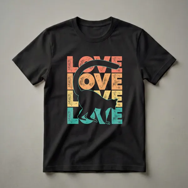 Black lemur silhouette on a black t-shirt, overlaid with distressed coral, orange, yellow, and teal text spelling 'LOVE'.