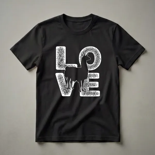 Black llama silhouette inside the word LOVE on a white graphic t-shirt with a distressed texture.
