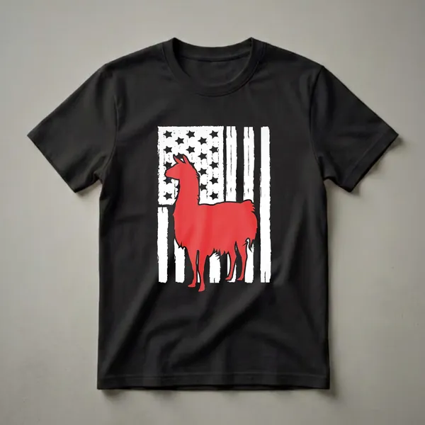 A red llama silhouette is placed over a distressed American flag design with white stripes and black stars, on a black t-shirt.