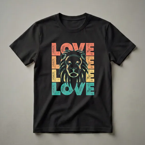 Black t-shirt with a retro design. The word 'LOVE' is stacked vertically in coral, orange, yellow, and teal, with a distressed texture. A stylized lion head silhouette with teal outlines is centered within the word.