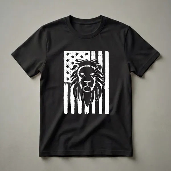 Black t-shirt with a distressed white graphic of a lion's head superimposed over a distressed American flag pattern, featuring stars and stripes.