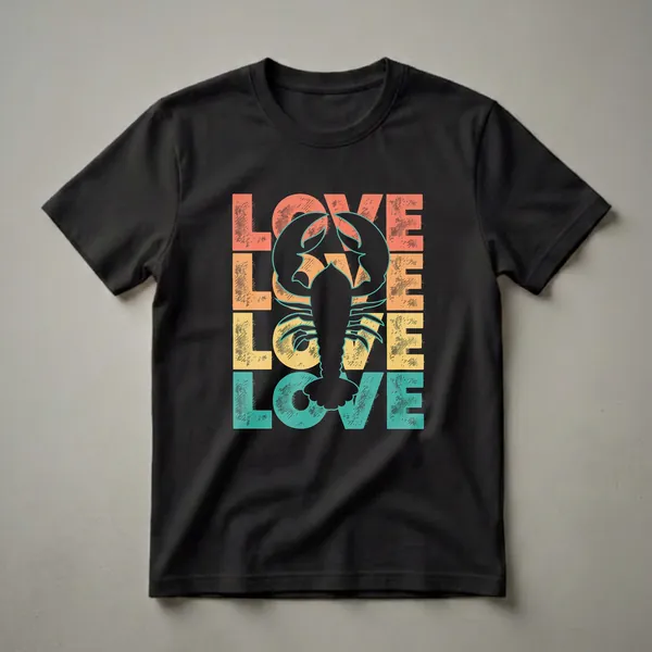 Black t-shirt with a retro graphic featuring a lobster silhouette surrounded by stacked 'LOVE' text in coral, yellow, and teal.