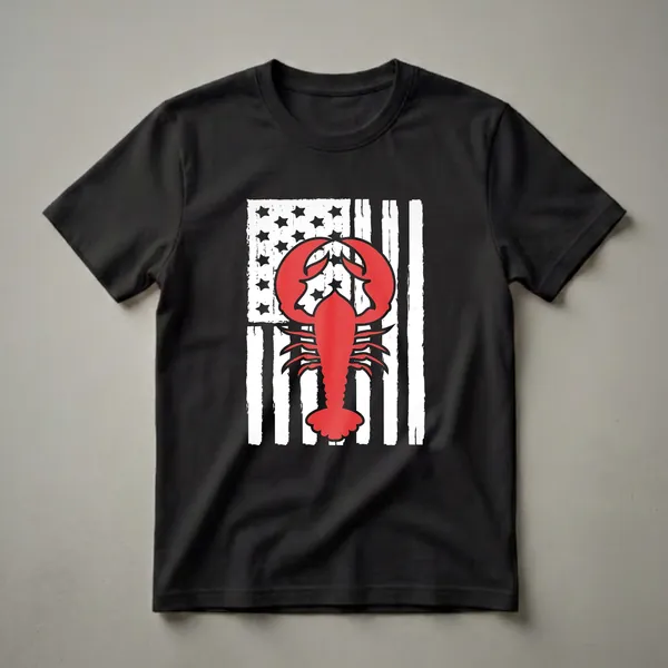 A red lobster silhouette is printed on a white t-shirt, overlaid on a distressed American flag design with black stripes and stars.