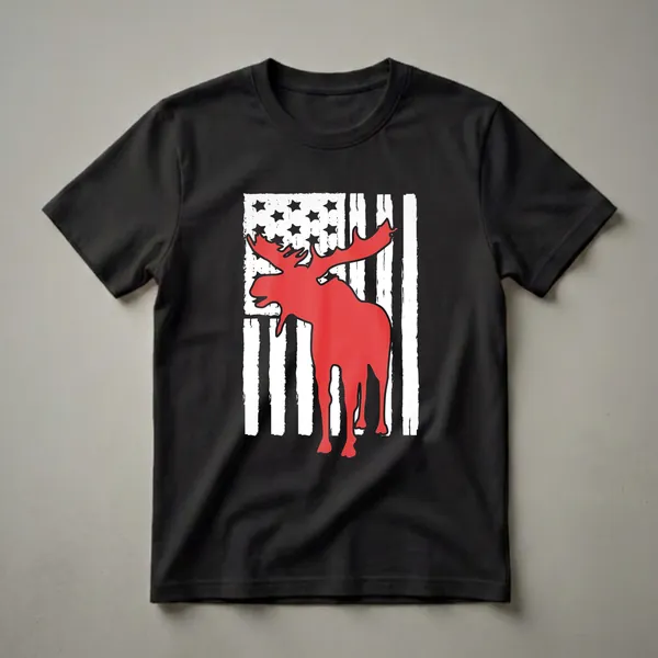 A red moose silhouette stands in front of a distressed American flag graphic with black stars and white stripes.