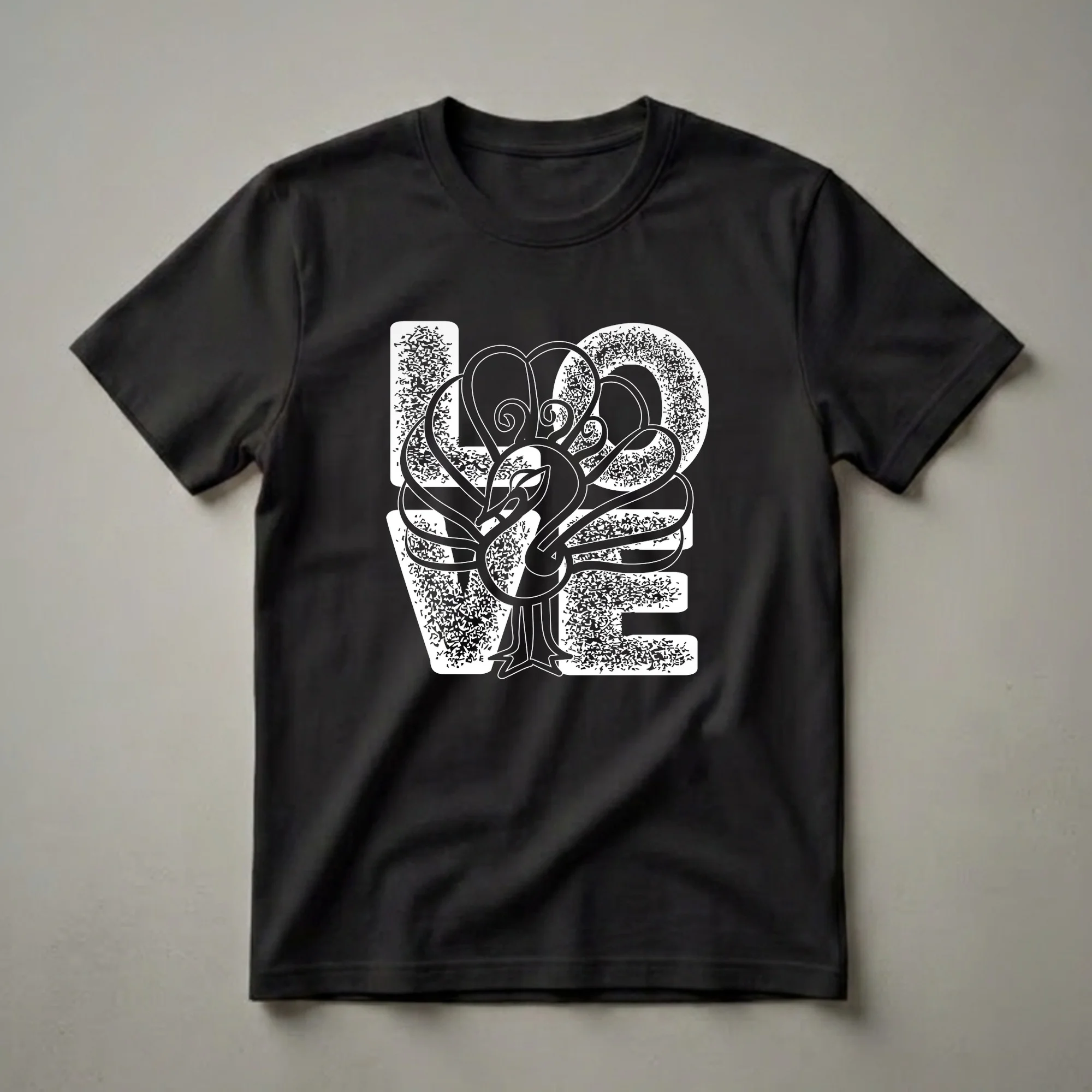 Black t-shirt with a white graphic design of the word 'LOVE' creatively incorporating a stylized peacock in the center, featuring intricate line art and textured fills.