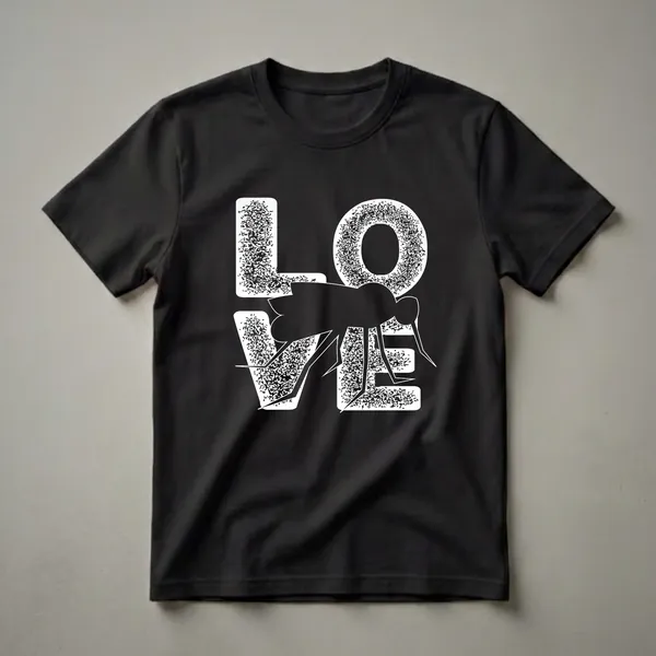 Black t-shirt with a white graphic design that spells out 'LOVE' with a mosquito silhouette in place of the 'V', textured fill in the letters.
