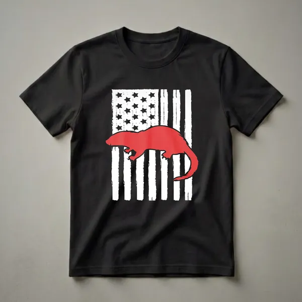 A black t-shirt featuring a distressed American flag with a red otter silhouette prominently displayed across the stripes and stars.