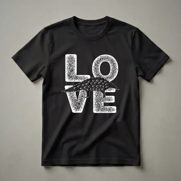 Black graphic t-shirt with white text 'LOVE' and a black pangolin silhouette replacing the letter 'V', designed for animal lovers.