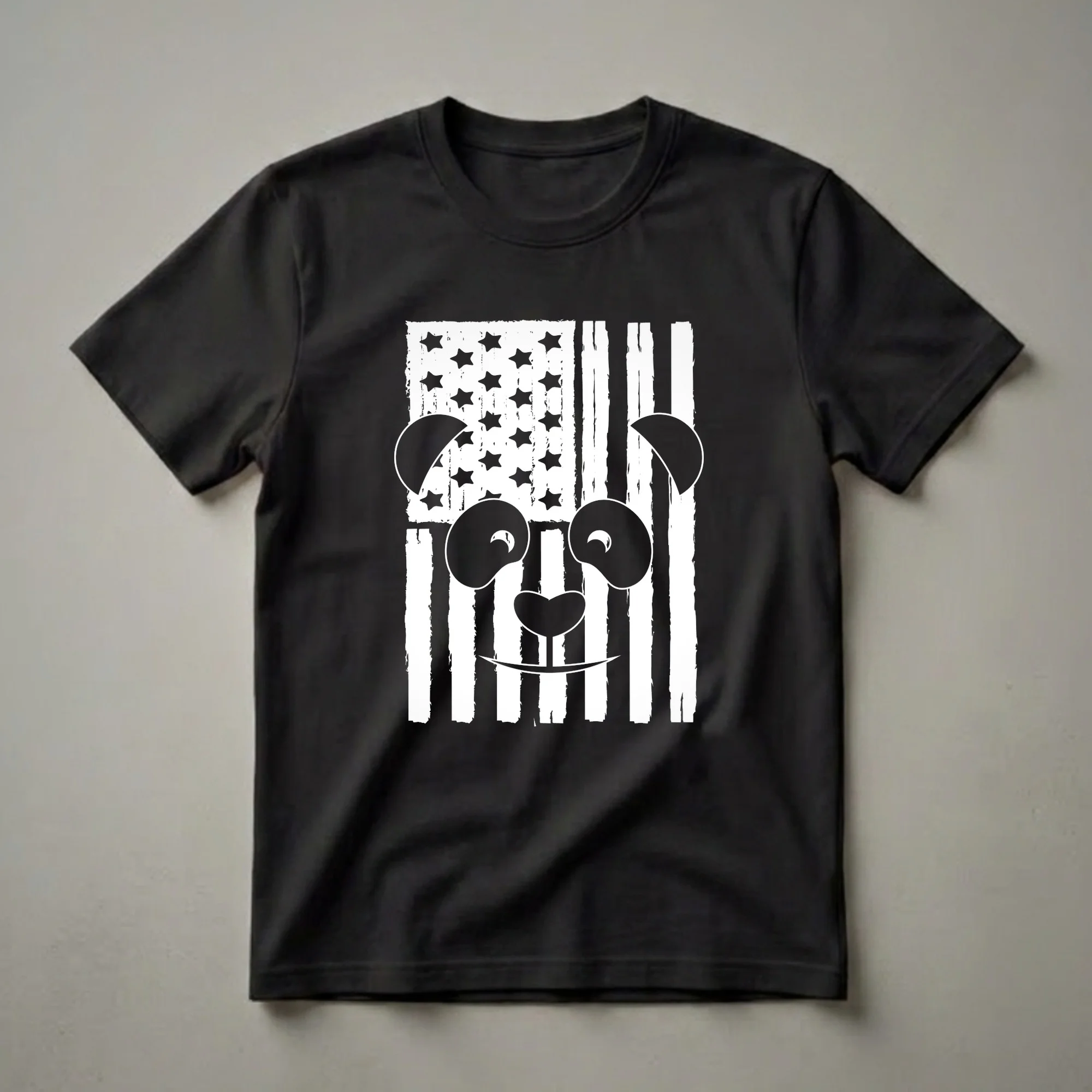 Black and white graphic t-shirt featuring a distressed American flag with a panda bear face superimposed over the stripes and stars.