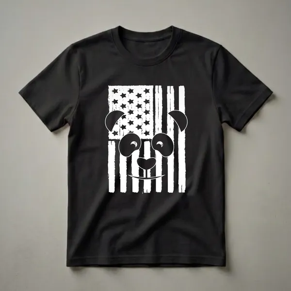 Black and white graphic t-shirt featuring a distressed American flag with a panda bear face superimposed over the stripes and stars.