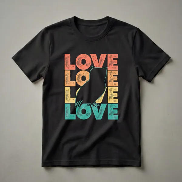 Black owl silhouette centered over stacked 'LOVE' text in retro coral, orange, yellow, and teal colors on a black t-shirt.