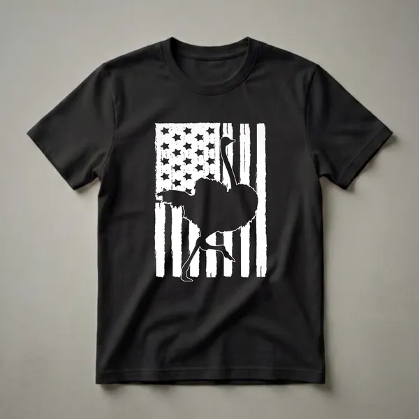 Black graphic t-shirt featuring a silhouette of an ostrich running in front of a distressed American flag with white stars and stripes.