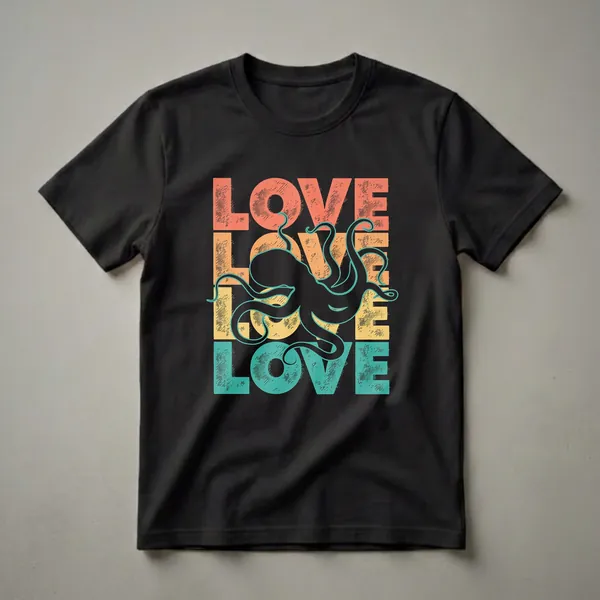 Black graphic t-shirt with a retro design featuring a black octopus silhouette over stacked, distressed 'LOVE' text in coral, yellow, and teal.