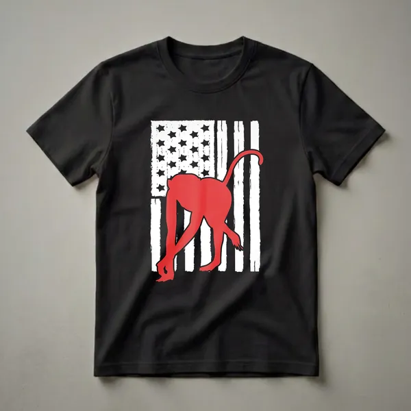 Red silhouette of a monkey on a distressed American flag background, on a black t-shirt.
