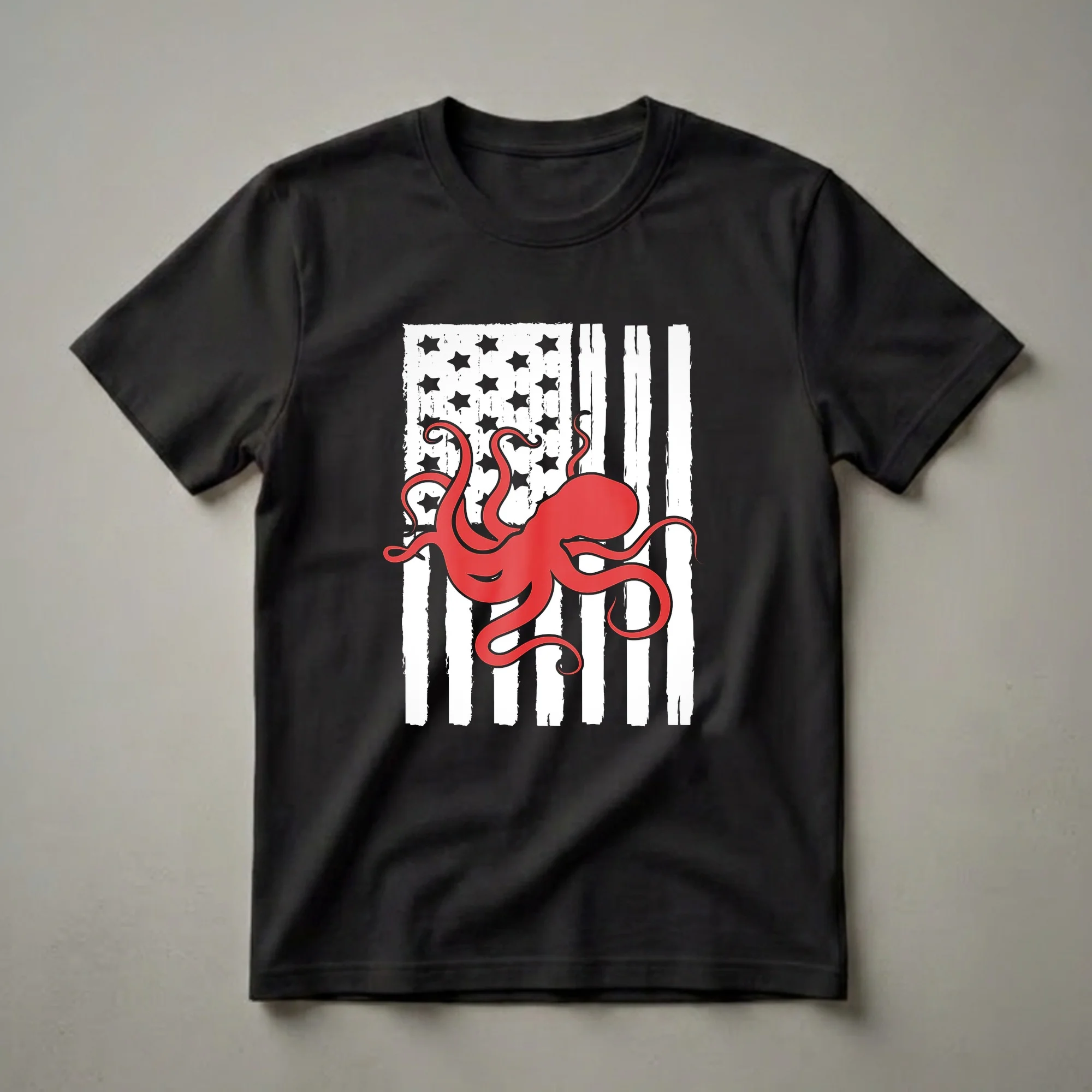 A graphic t-shirt featuring a distressed American flag with a red octopus design, set against a black background.