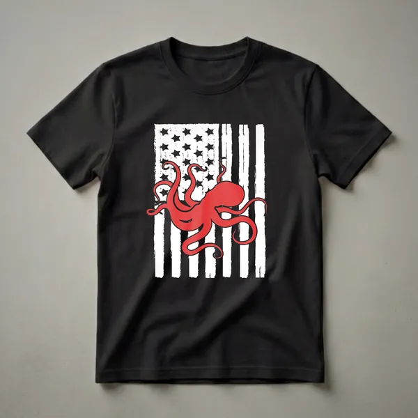 A graphic t-shirt featuring a distressed American flag with a red octopus design, set against a black background.