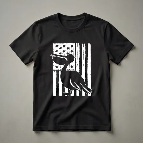 Black silhouette of a pelican in front of a distressed white American flag with black stars and stripes, on a black background.