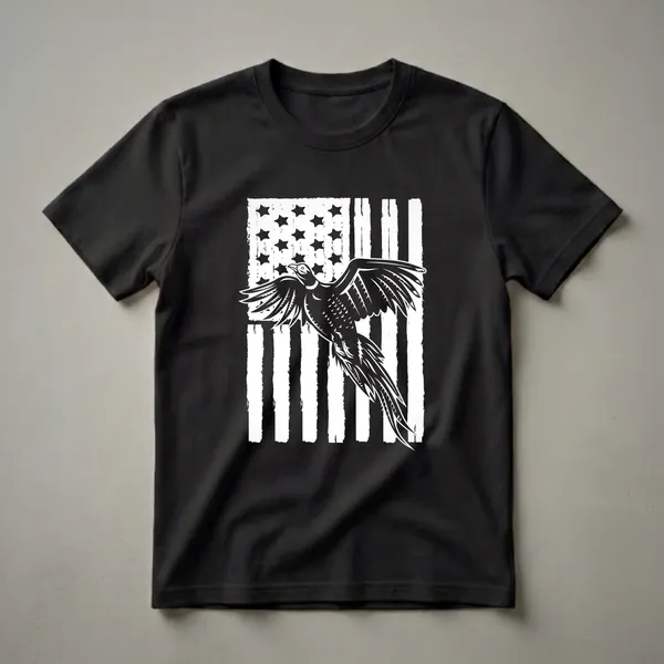 Black and white graphic t-shirt featuring a pheasant in flight with wings spread, superimposed over a distressed American flag with visible stars and stripes.