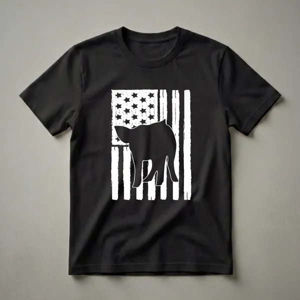 Black silhouette of a pig against a distressed white and black American flag graphic on a t-shirt.