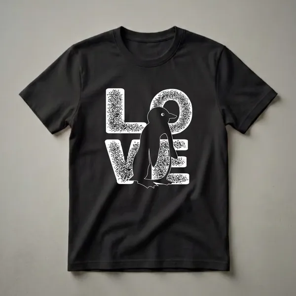 Black graphic t-shirt with white distressed lettering spelling 'LOVE', featuring a black penguin silhouette in place of the letter 'O'.
