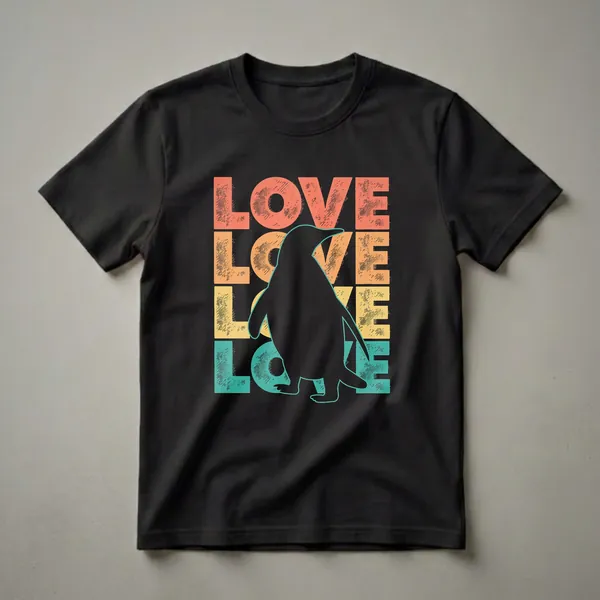 Black graphic t-shirt with the word 'LOVE' in stacked, distressed coral, orange, yellow, and teal letters, featuring a black penguin silhouette in the center.