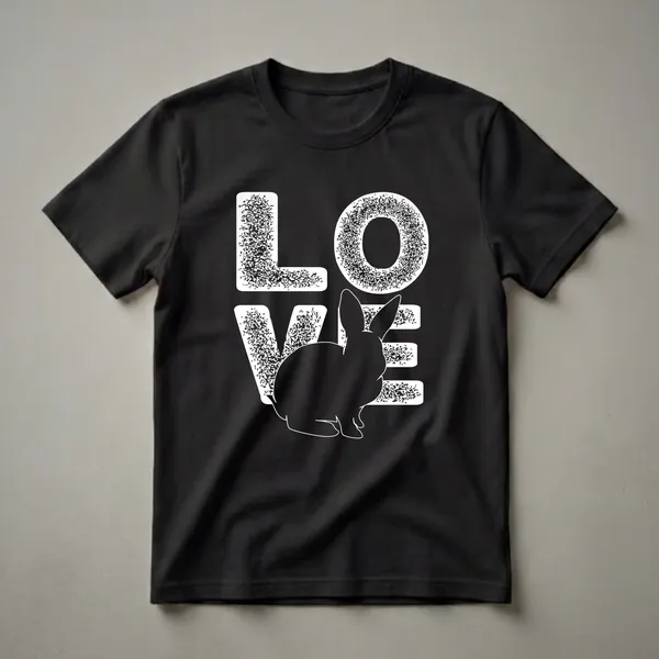 Black t-shirt with white 'LOVE' text and a black rabbit silhouette replacing the letter 'O'.