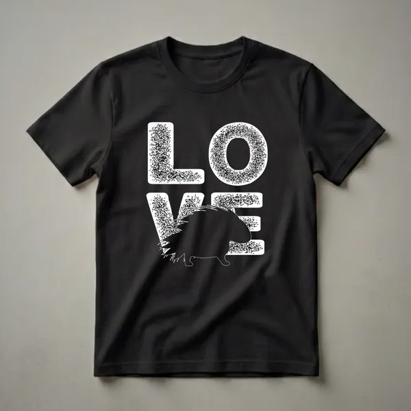 Black graphic t-shirt with the word LOVE, where the letter V is replaced by a black silhouette of a porcupine with quills.