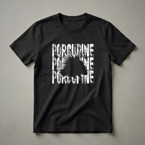 Black graphic t-shirt with white distressed text spelling 'PORCUPINE' layered behind a black silhouette of a porcupine with prominent quills.