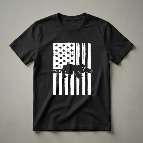Black silhouette of a platypus on a distressed white and black American flag graphic t-shirt.