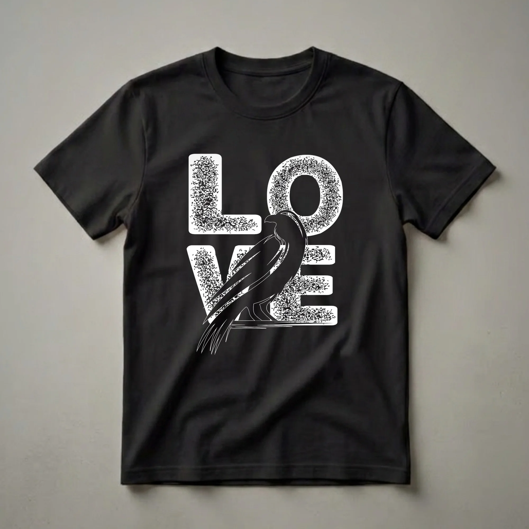 Black graphic t-shirt with the word "LOVE" in distressed white lettering, featuring a black raven perched in front of the letters.