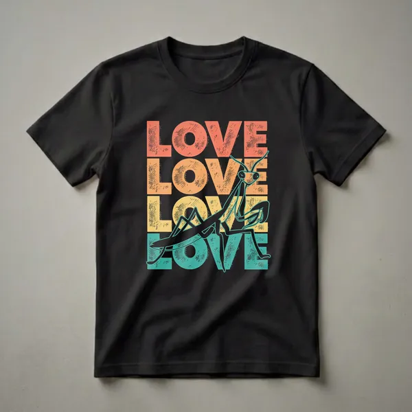 Black t-shirt with a retro graphic design featuring the word LOVE stacked in coral, orange, and teal, with a black praying mantis silhouette in the center.