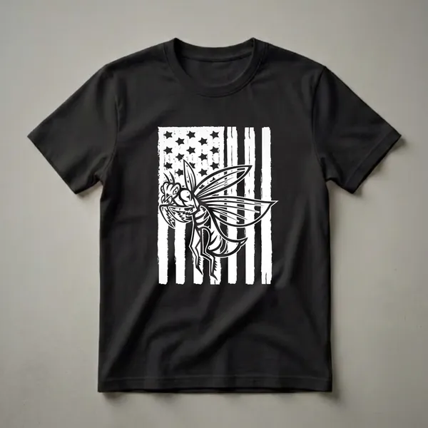 Black and white graphic t-shirt featuring a praying mantis with wings spread, overlaid on a distressed American flag design with stars and stripes.