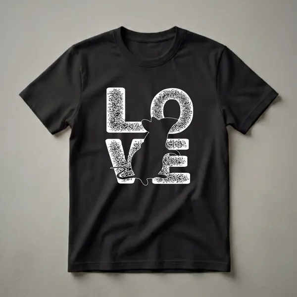 Black graphic t-shirt featuring the word LOVE in distressed white lettering with a black rat silhouette in the center.