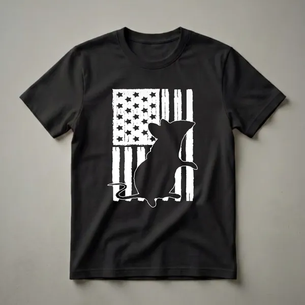 Black silhouette of a rat positioned in front of a distressed white American flag design with stars and stripes.