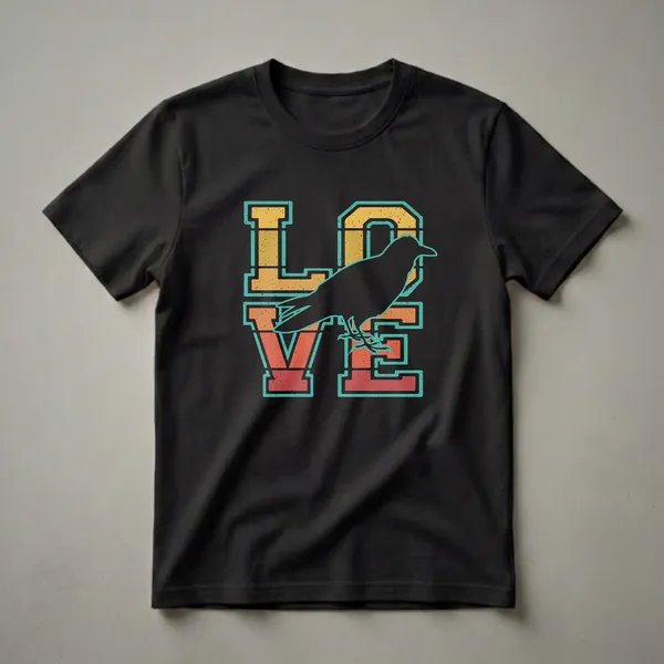 Black graphic t-shirt with the word 'LOVE' in a retro, distressed font, featuring a black raven silhouette perched on the letters.