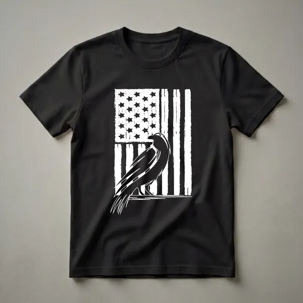 Black graphic t-shirt featuring a distressed white American flag with a black raven silhouette in front.