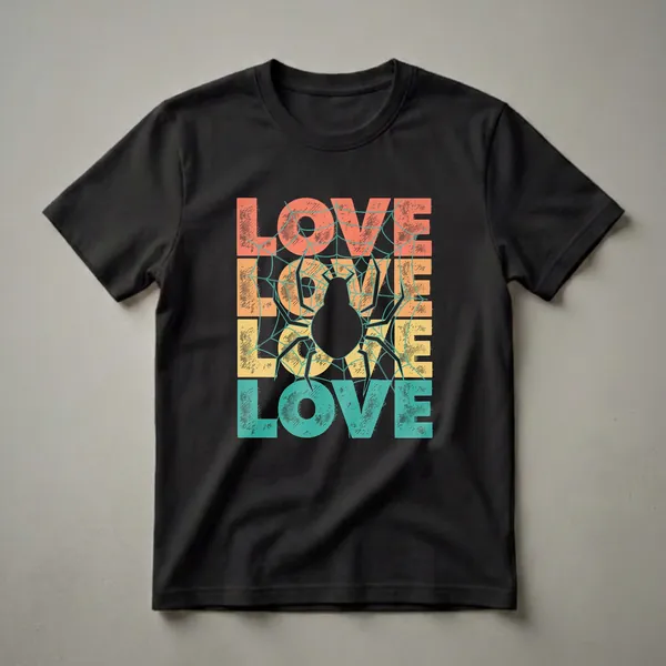 Black t-shirt with a retro graphic design featuring the word LOVE stacked vertically in coral, yellow, and teal, overlaid with a teal spiderweb and a black spider silhouette.