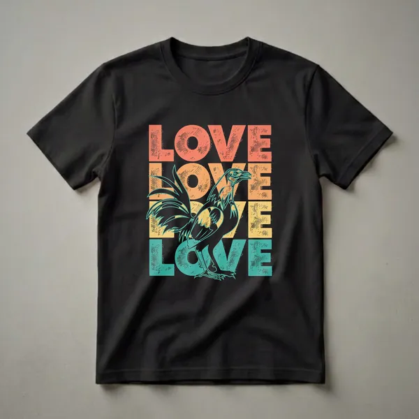 Black t-shirt featuring a retro graphic with stacked 'LOVE' text in coral, orange, and teal, and a black rooster silhouette in the center.