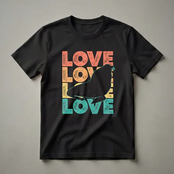 Black t-shirt with LOVE stacked four times in distressed coral, orange, yellow, and teal block letters, overlaid with a large black sea lion silhouette with a teal outline in an upright barking posture.