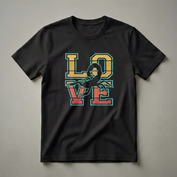 Black graphic t-shirt featuring the word 'LOVE' in a retro sunset design with a black scorpion silhouette in the center.