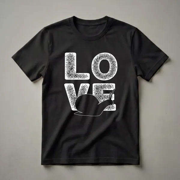 White graphic t-shirt featuring the word 'LOVE' with a snail silhouette replacing the 'V', rendered in a textured, stippled style.