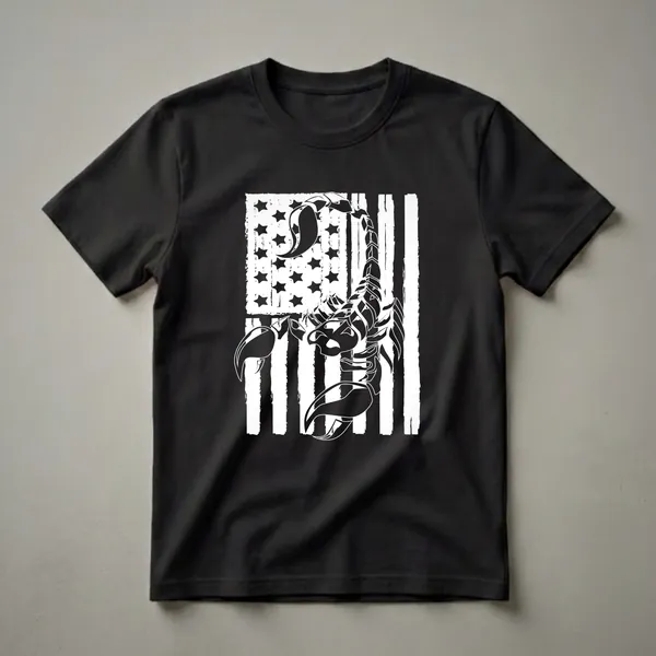 White graphic of a scorpion on a distressed American flag, displayed on a black t-shirt.