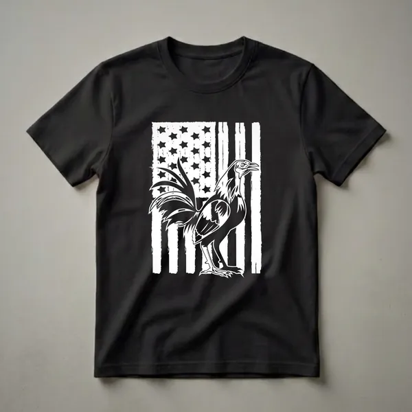 Black and white graphic t-shirt featuring a rooster silhouette in front of a distressed American flag with stars and vertical stripes.